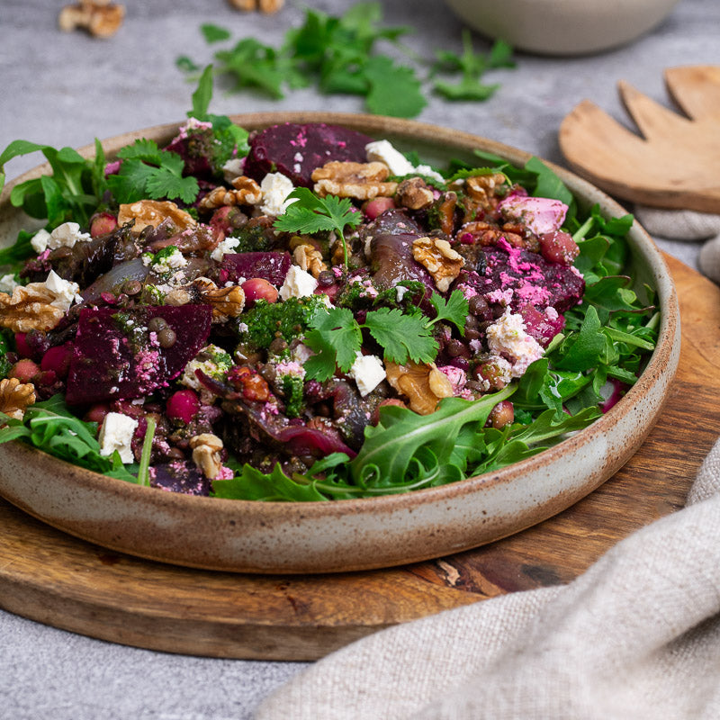 Gavin's French Lentils, Roast Beetroots, Caramelised Red Onion, Walnuts & Marinaded Feta