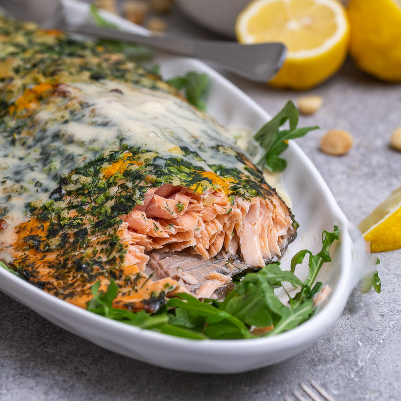 Gavin's Salmon Fillet, Macadamia Crust, Lemon Myrtle Velouté Sauce