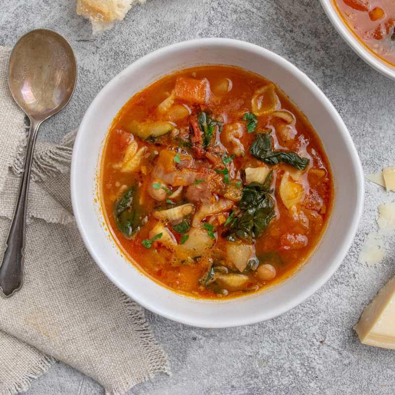 Image of Minestrone Soup in a bowl, overhead perspective
