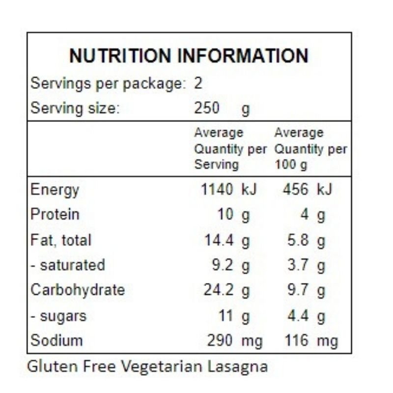 Nutrition info Maurice's Vegetarian Lasagne (Vg) - FoodSt