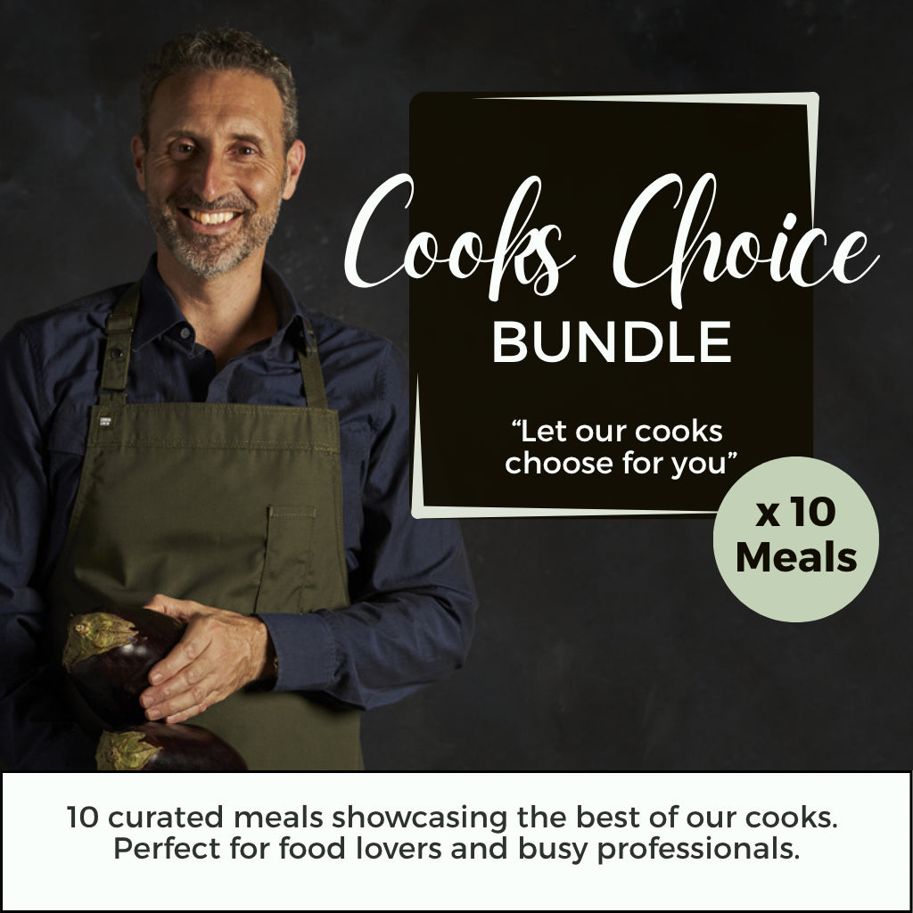 FoodSt cook Maurice, in a chef&#39;s apron with &#39;Cook&#39;s Choice Bundle&#39; text on a dark background