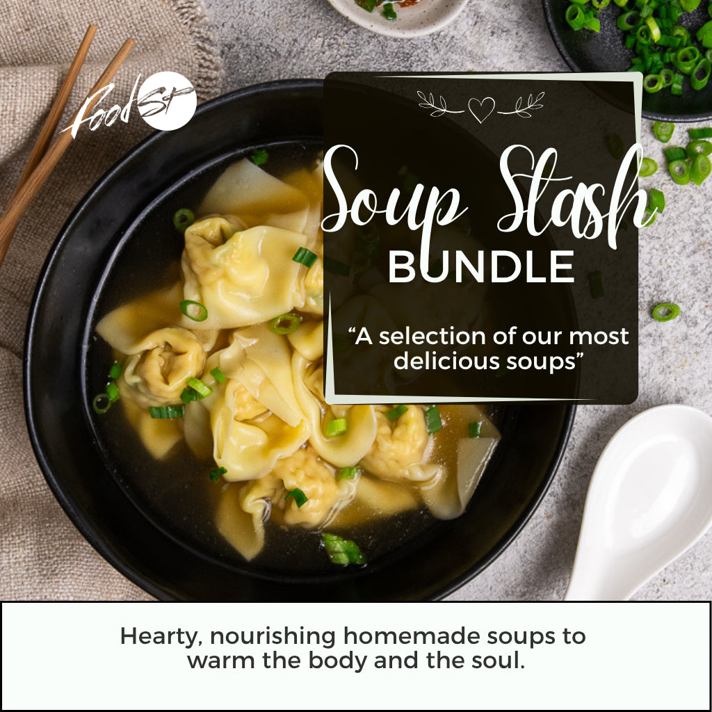 Bowl of soup with text overlay promoting a 'Soup Stash Bundle' from Food Network.