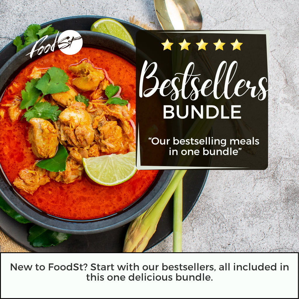  bowl of red curry with lime wedges and a 'Bestsellers Bundle' offer on a gray background