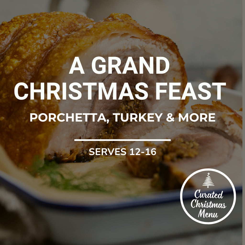 Plated dish of porchetta with text about a grand Christmas feast and menu branding.