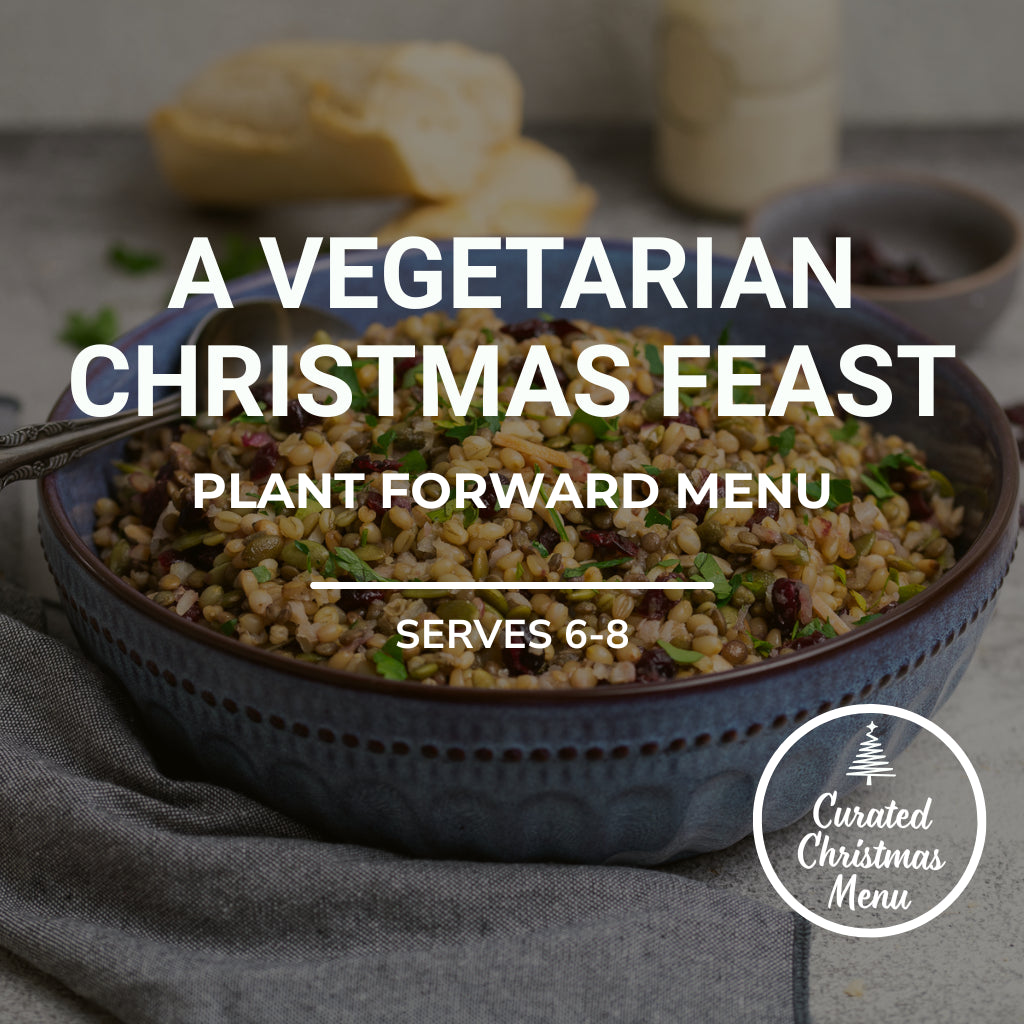 Bowl of vegetarian dish with text overlay for a plant-forward Christmas menu.