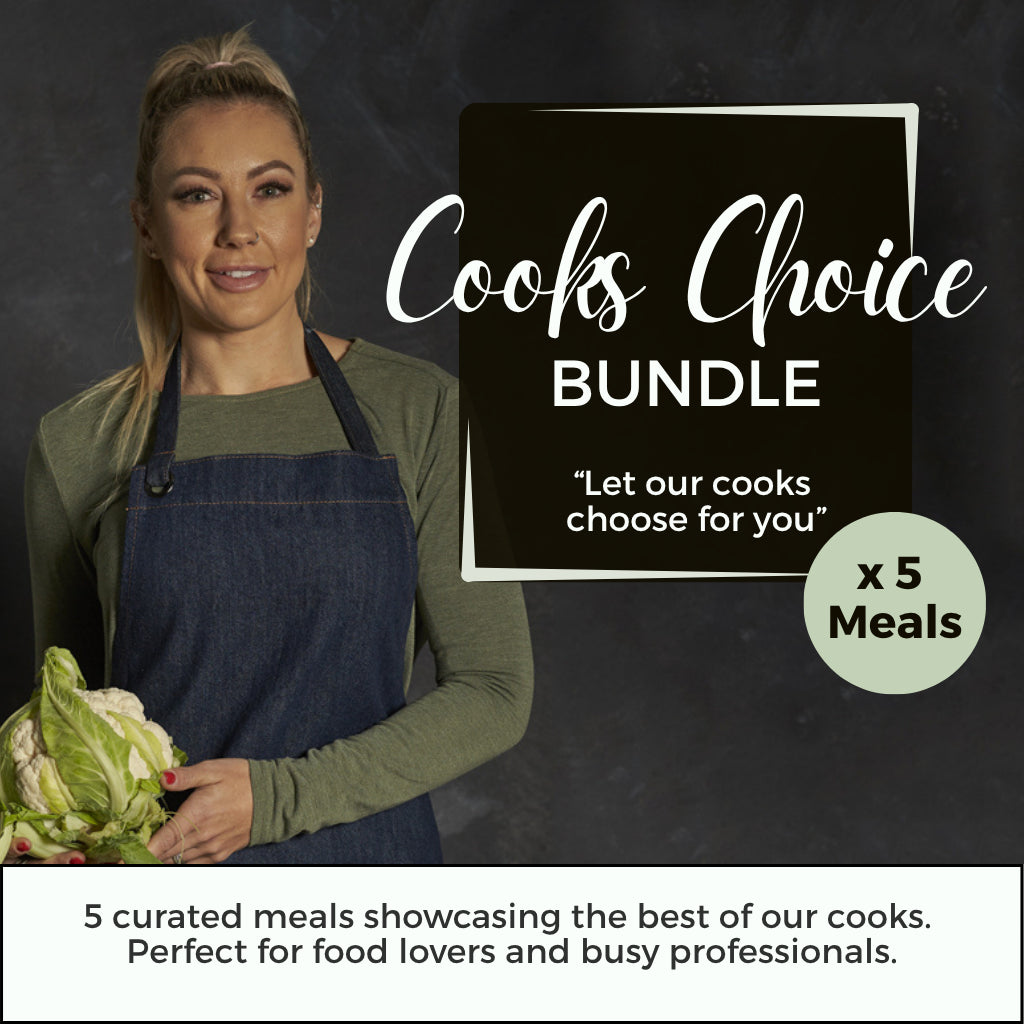 FoodSt cook, Natalie in an apron holding vegetables with &#39;Cooks Choice Bundle&#39; text on a dark background