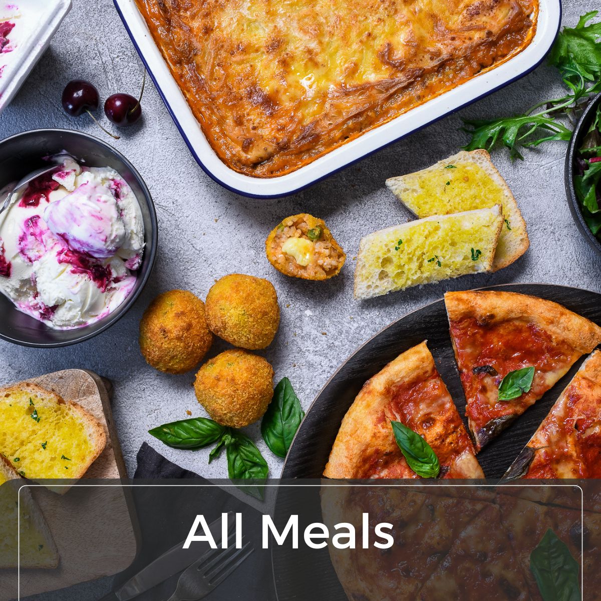 Image of food on table top down flatlay with words "all meals" overlaid