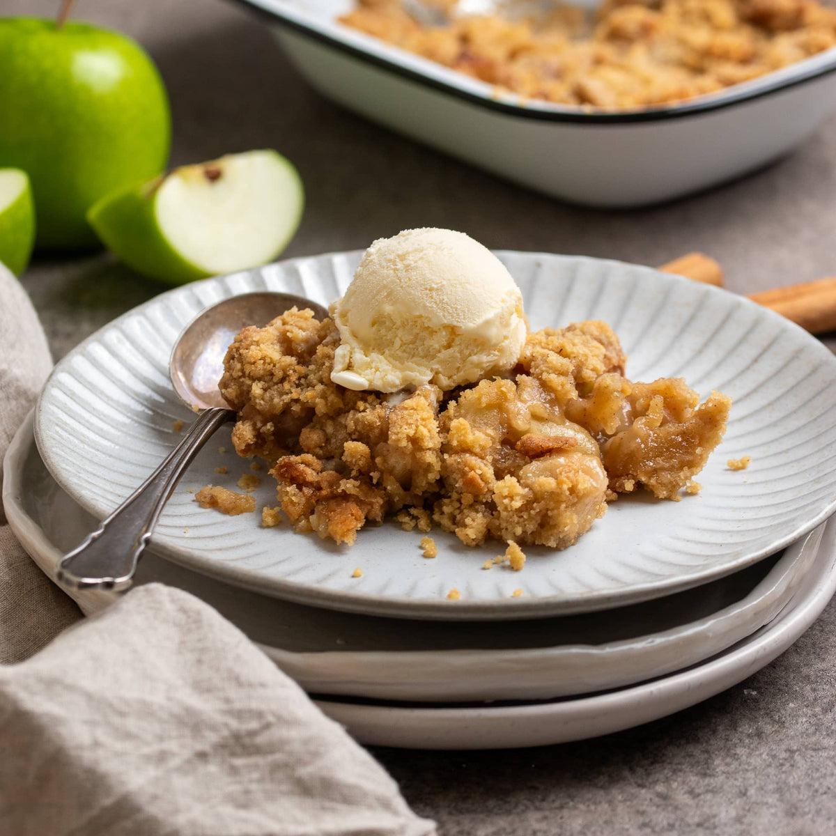 side view of Richards apple crumble with ice cream 