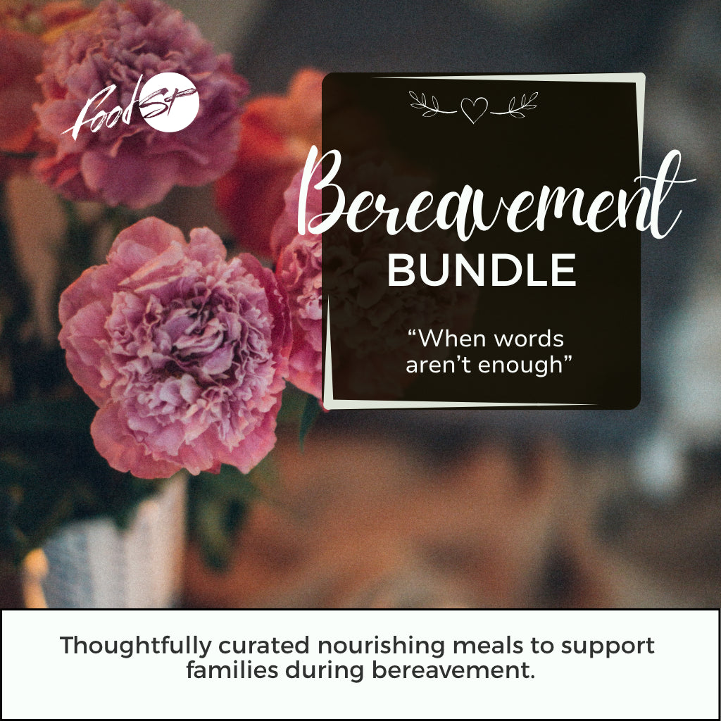 Advertisement for a 'Bereavement Bundle' with pink flowers and text overlay.