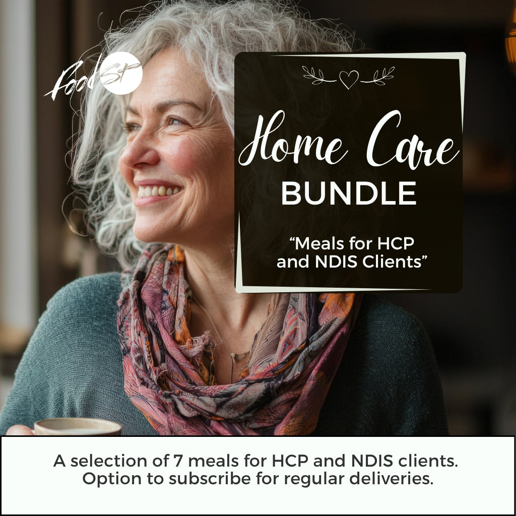 Woman with gray hair and a colorful scarf, with text about a home care meal bundle for HCP and NDIS clients.