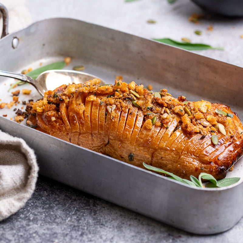 Nat's Hasselback Pumpkin with Sage Butter & Roasted Tomato Pangrattato