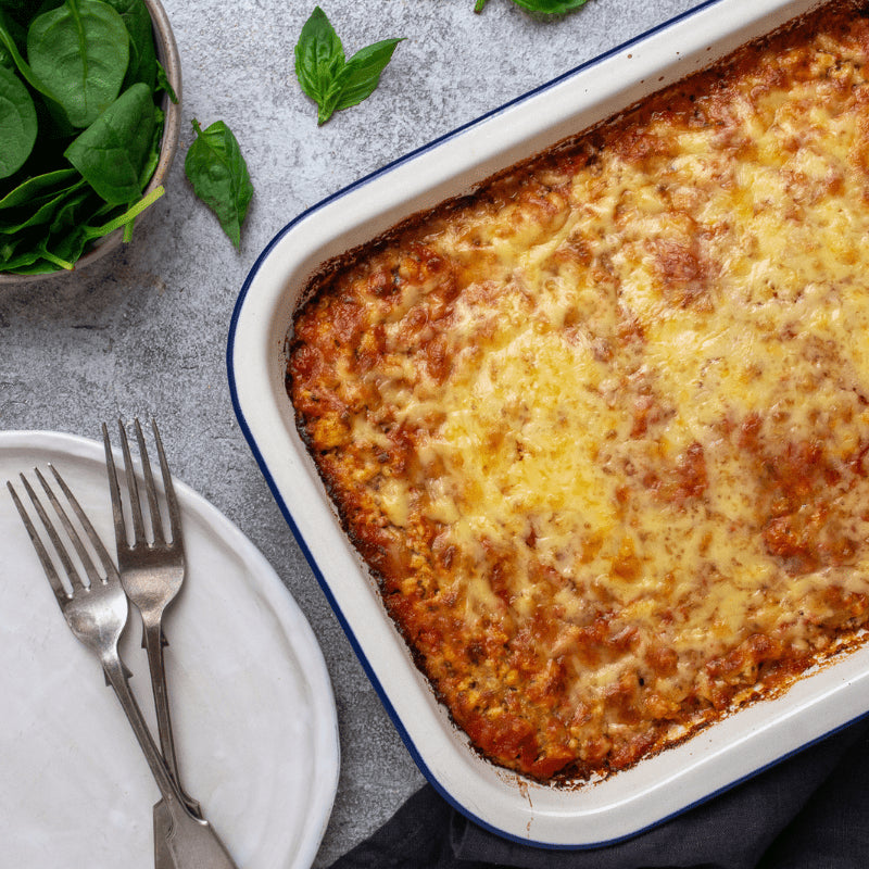 Flatlay Image of Chicken Pesto Lasagne in a tray