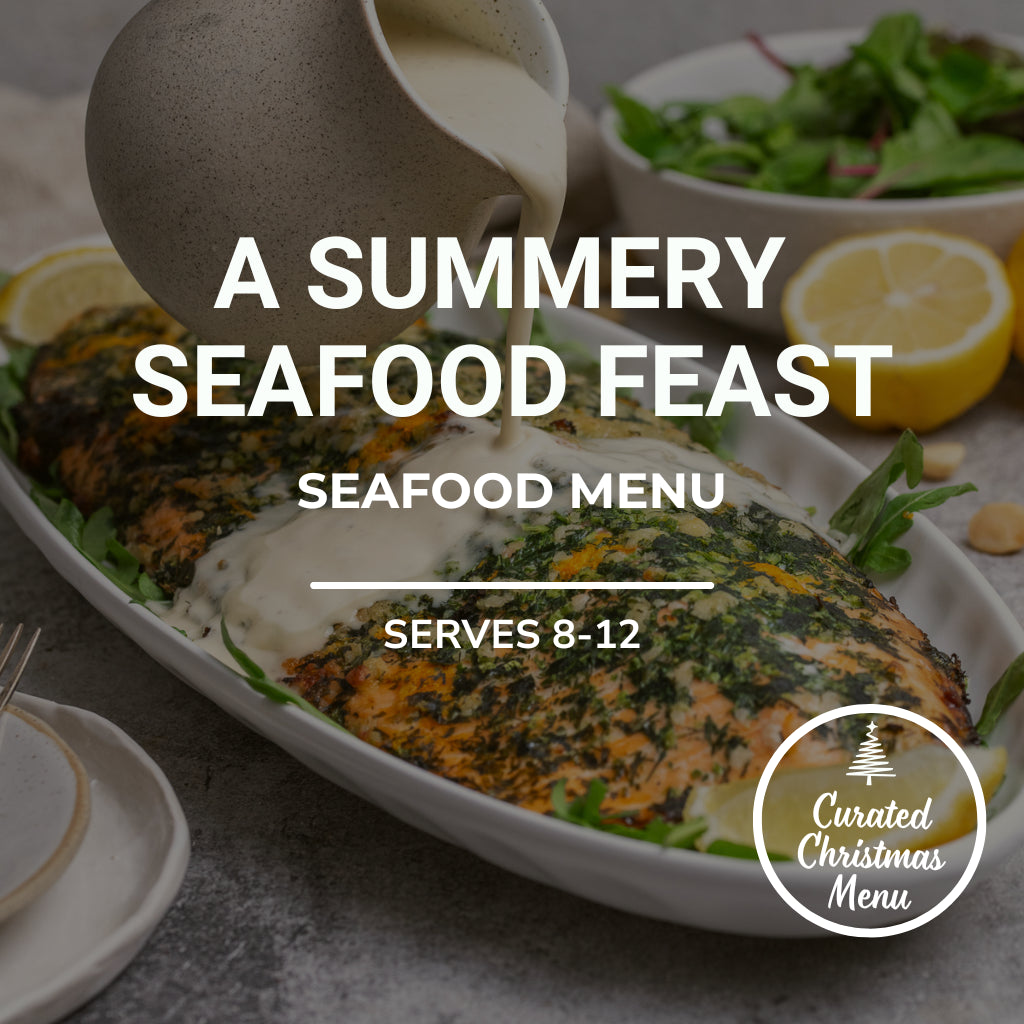 Seafood dish with lemon and greens, text 'A Summery Seafood Feast' and 'Curated Christmas Menu' logo.