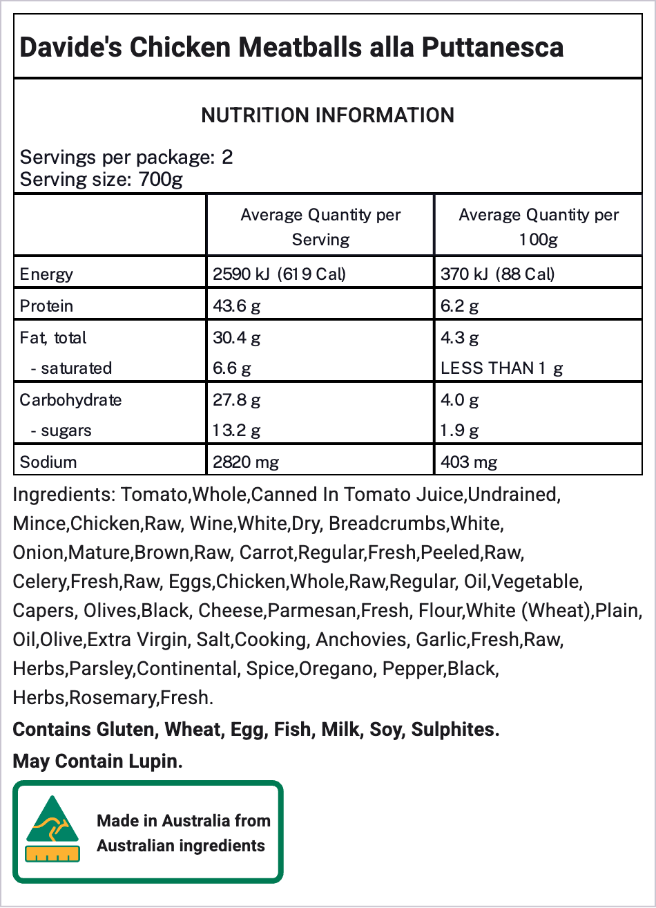 A nutrition information label for Davide's Chicken Meatballs alla Puttanese, showing serving size, calories, protein, fat, carbohydrates, and sodium, plus ingredients listed below and a Made in Australia badge.