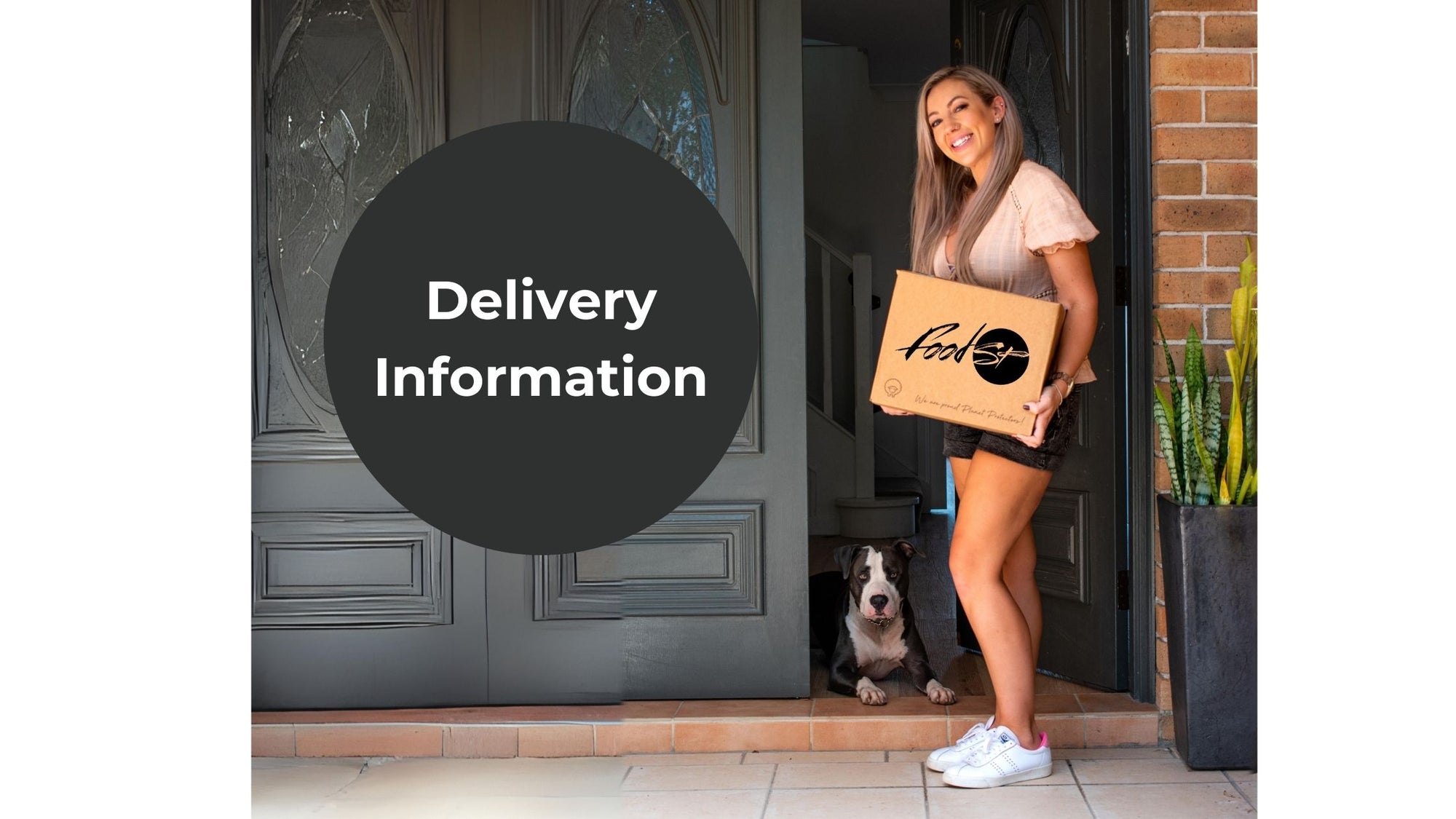 Image of a woman receiving a FoodSt box at her front door with a dog