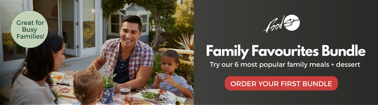 Family enjoying a meal outdoors with a promotional banner for 'Food 24' Family Favourites Bundle.