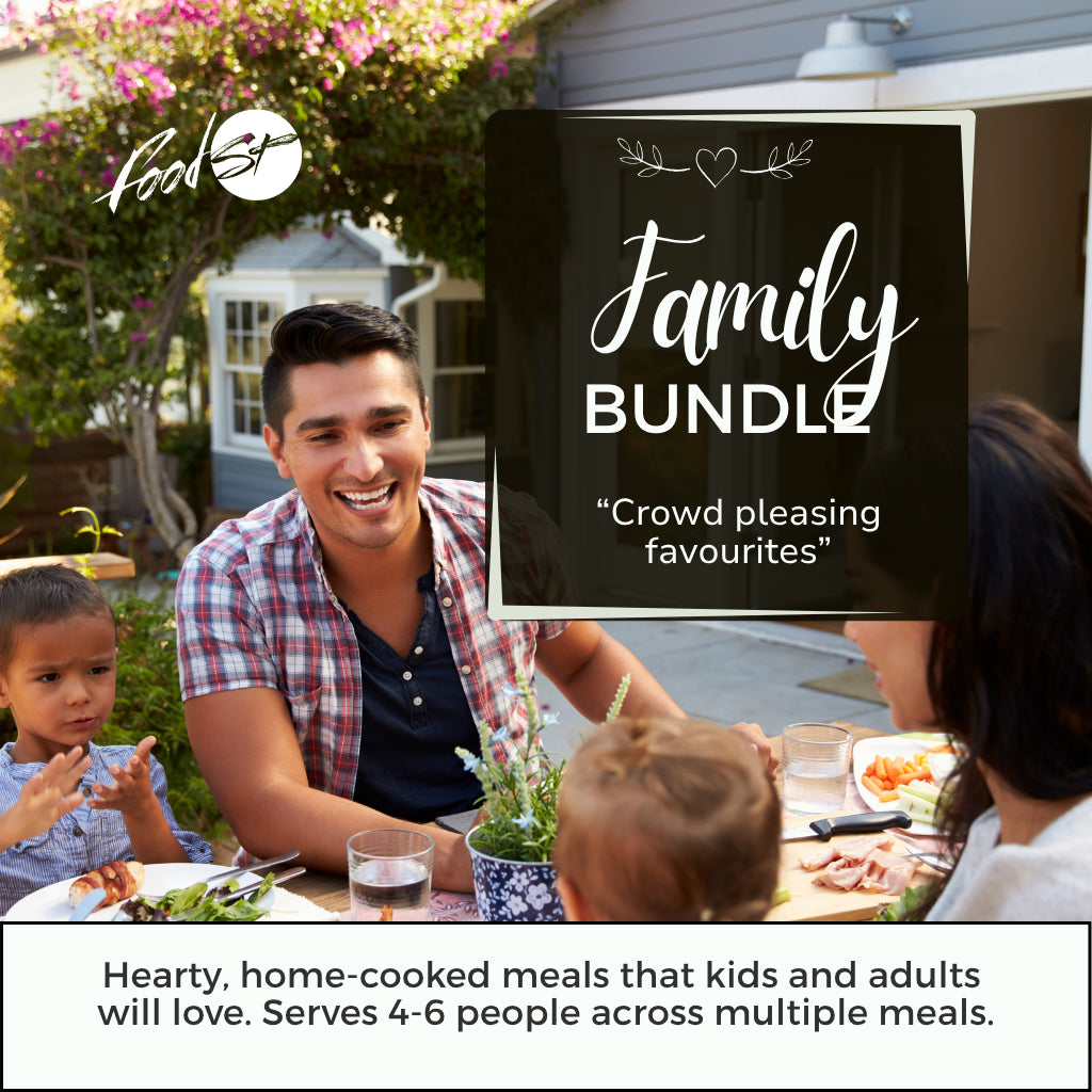 Family enjoying a meal outdoors with promotional text overlay for a 'Family Bundle'.