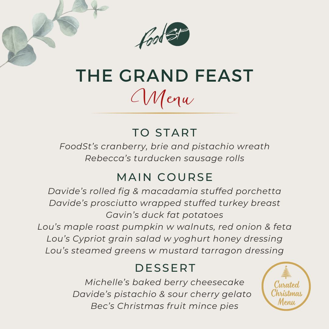 Plated dish of porchetta with text about a grand Christmas feast and menu branding.