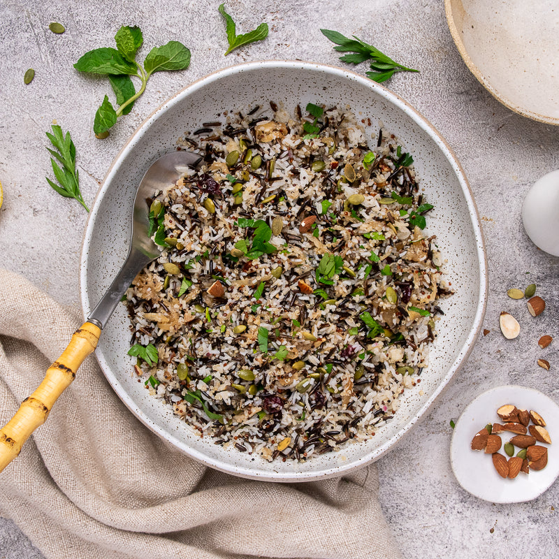 Lou's Wild Rice Salad with Roasted Nuts, Cranberries & Date Dressing (V)