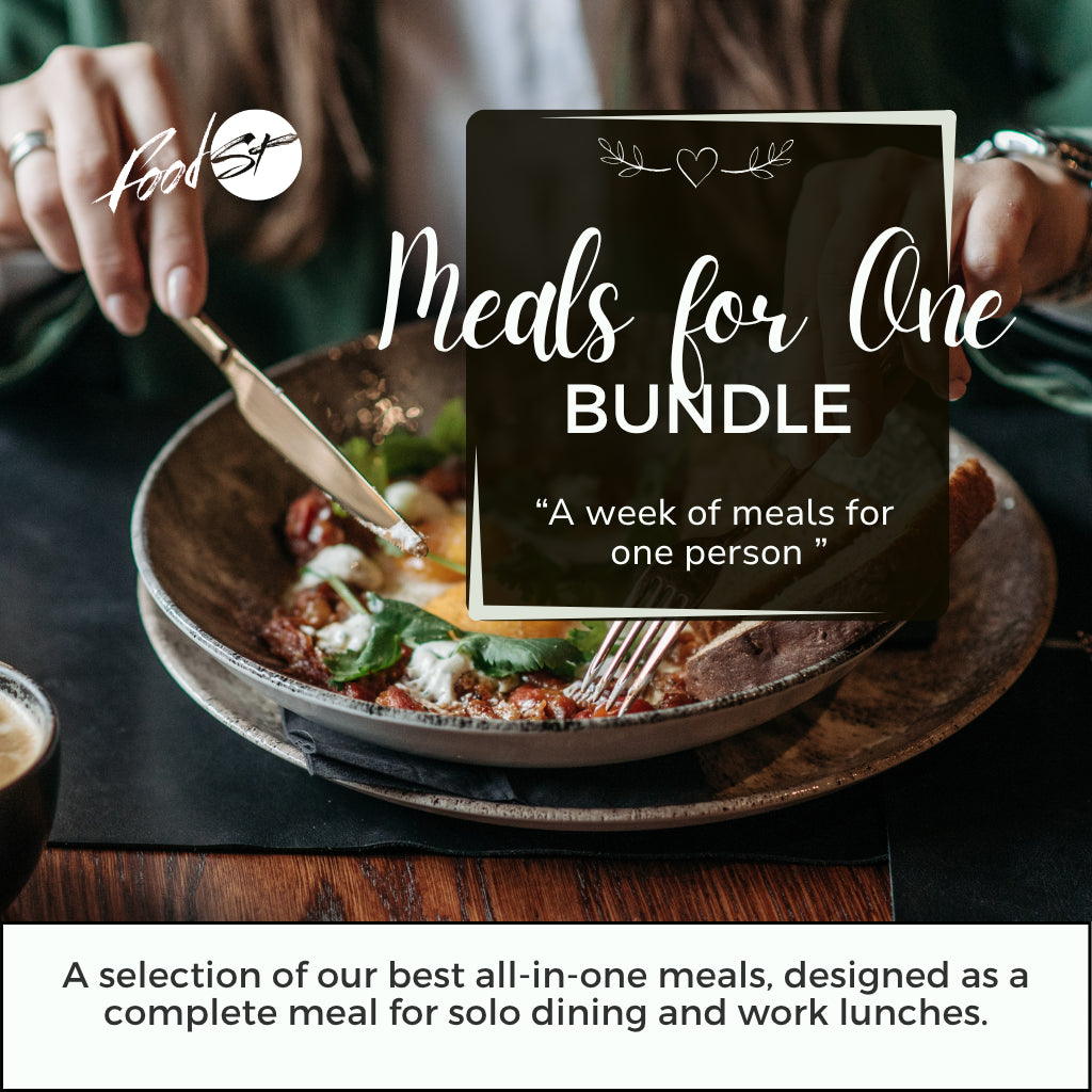 Promotional image for &#39;Meals for One Bundle&#39; with a plate of food and text overlay.