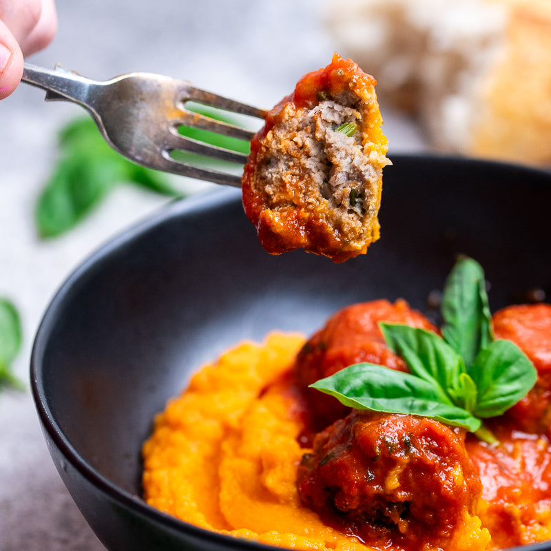 Paolo's Beef, Parmesan & Ricotta Meatballs With Sweet Potato Mash