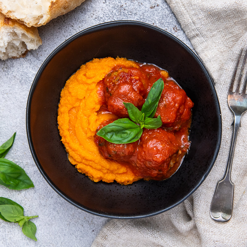 Paolo's Beef, Parmesan & Ricotta Meatballs With Sweet Potato Mash