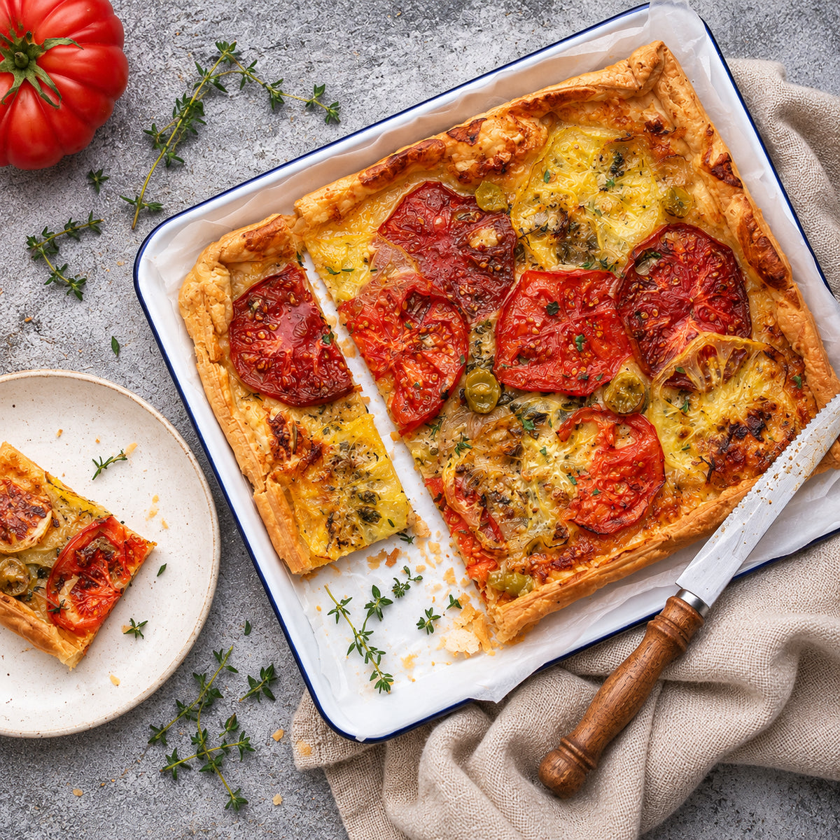 A baked square tart or quiche with tomato slices, melted cheese, and green olives in a white enamel tray with a blue rim, styled on a gray surface with a small plate of a slice, a knife, herbs, and a whole tomato.