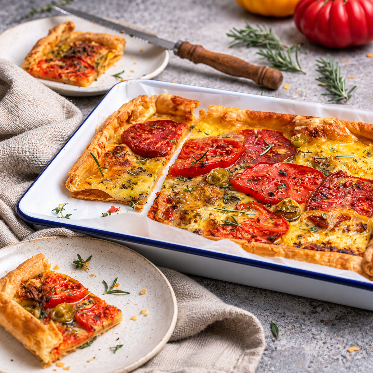 A baked tomato and herb tart or quiche served in a white rectangular baking dish with a blue rim, with slices plated on a light stone surface. A knife with a wooden handle rests behind the dish, and small garnish herbs and a red tomato are visible around it.