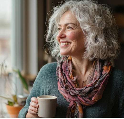 Woman with gray hair wearing a colorful scarf, holding a mug, and smiling.