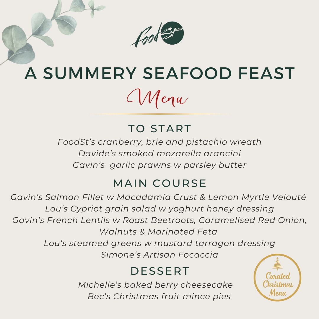 Seafood dish with lemon and greens, text 'A Summery Seafood Feast' and 'Curated Christmas Menu' logo.