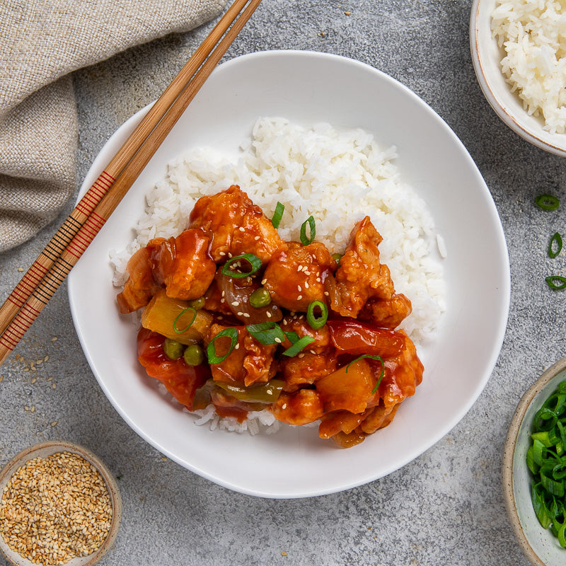 image of sweet and sour chicken with rice in a bowl