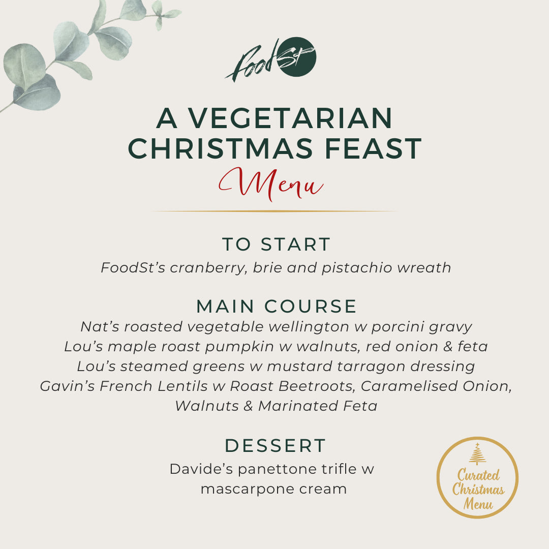 Vegetarian Christmas Feast menu with a white background and greenery.