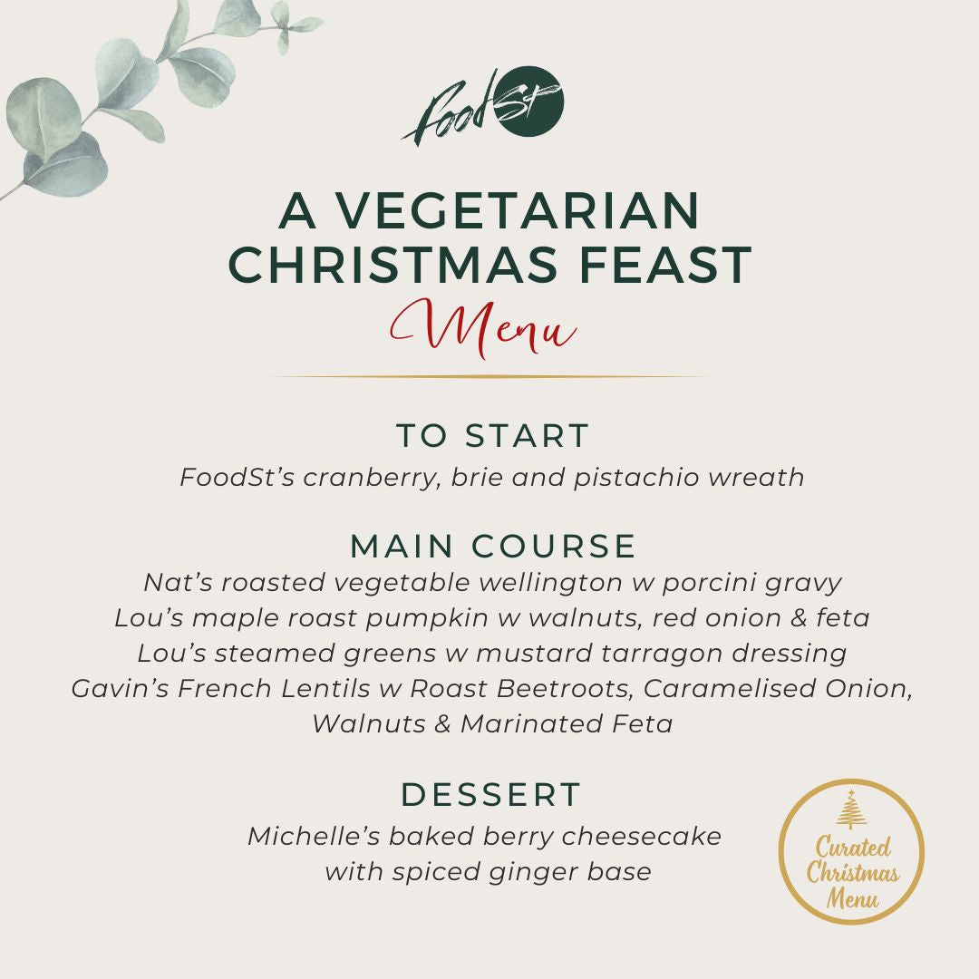 Bowl of vegetarian dish with text overlay for a plant-forward Christmas menu.