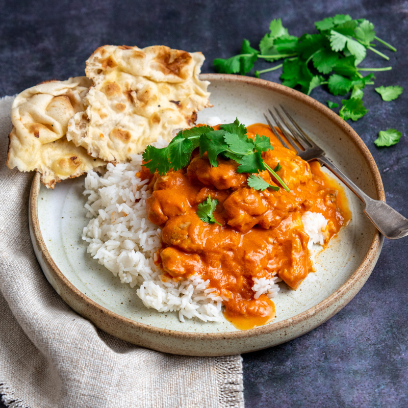 Butter Chicken with rice and naan