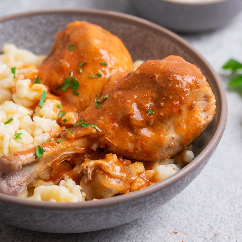 Amalia&#39;s Hungarian Chicken Paprikash with Nokedli in a bowl