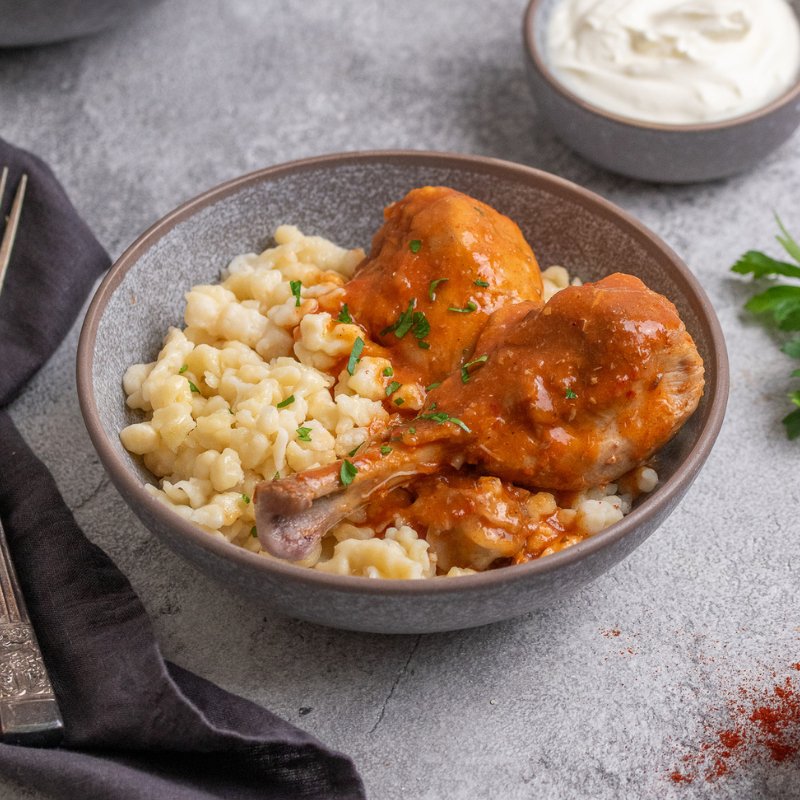 Amalia's Hungarian Chicken Paprikash with Nokedli in a bowl