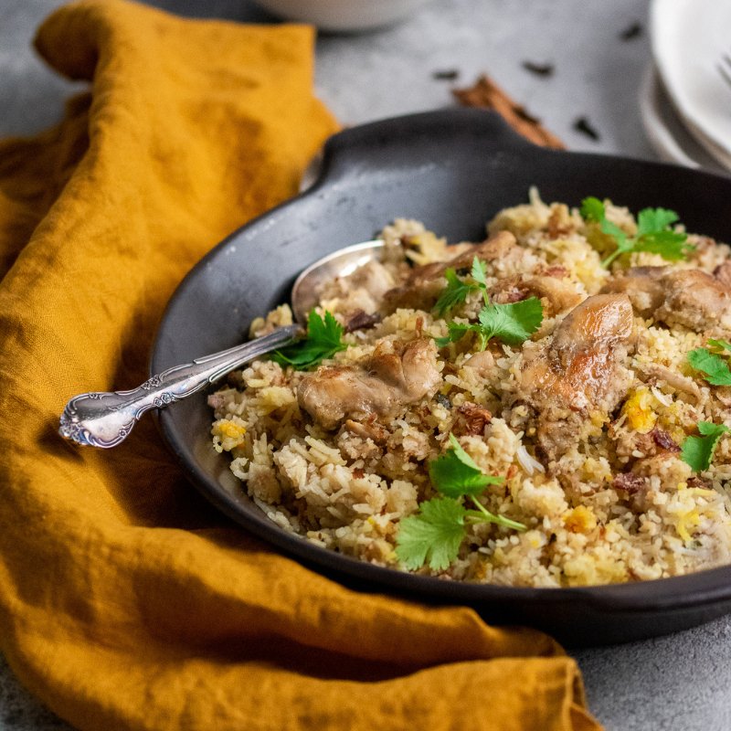 Umesh&#39;s Chicken Biryani in a bowl with a yellow napkin