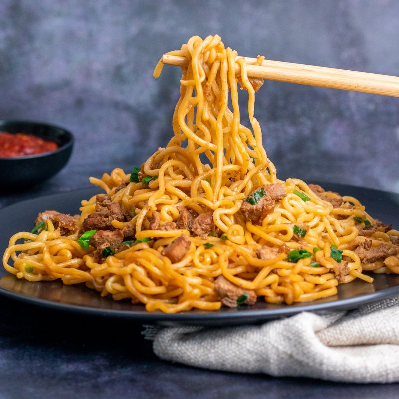 Vicky&#39;s Mie Ayam Noodles on a plate with chopsticks