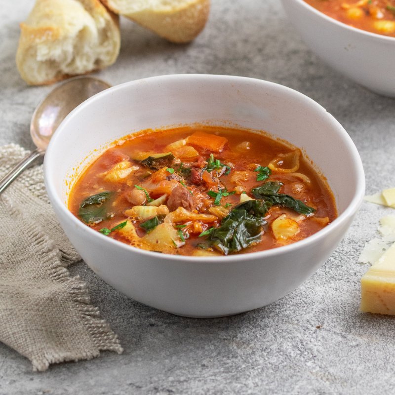 Image of Minestrone Soup in a bowl, overhead perspective