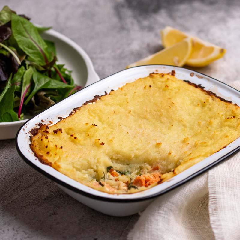 Imafge of Gavin&#39;s Salmon and Leek Pie in a tray