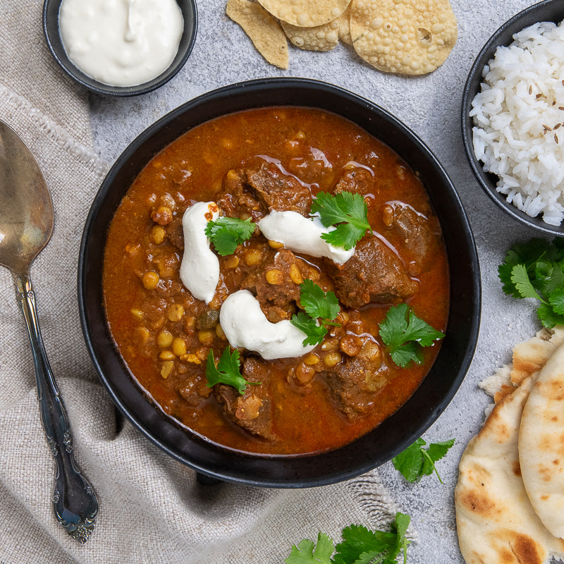 Closeup of Kazi's Beef Dal Masala Curry - FoodSt