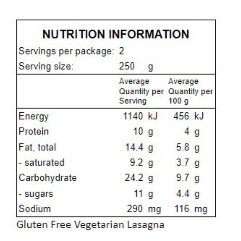 Nutrition info Maurice&#39;s Vegetarian Lasagne (Vg) - FoodSt