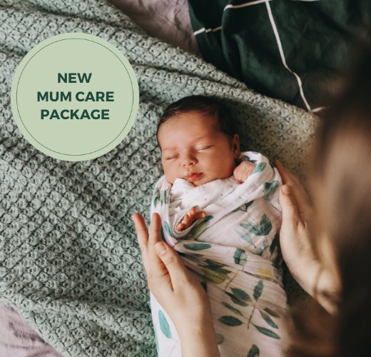 Gift box labeled 'New Mum Care Package' with assorted self-care items